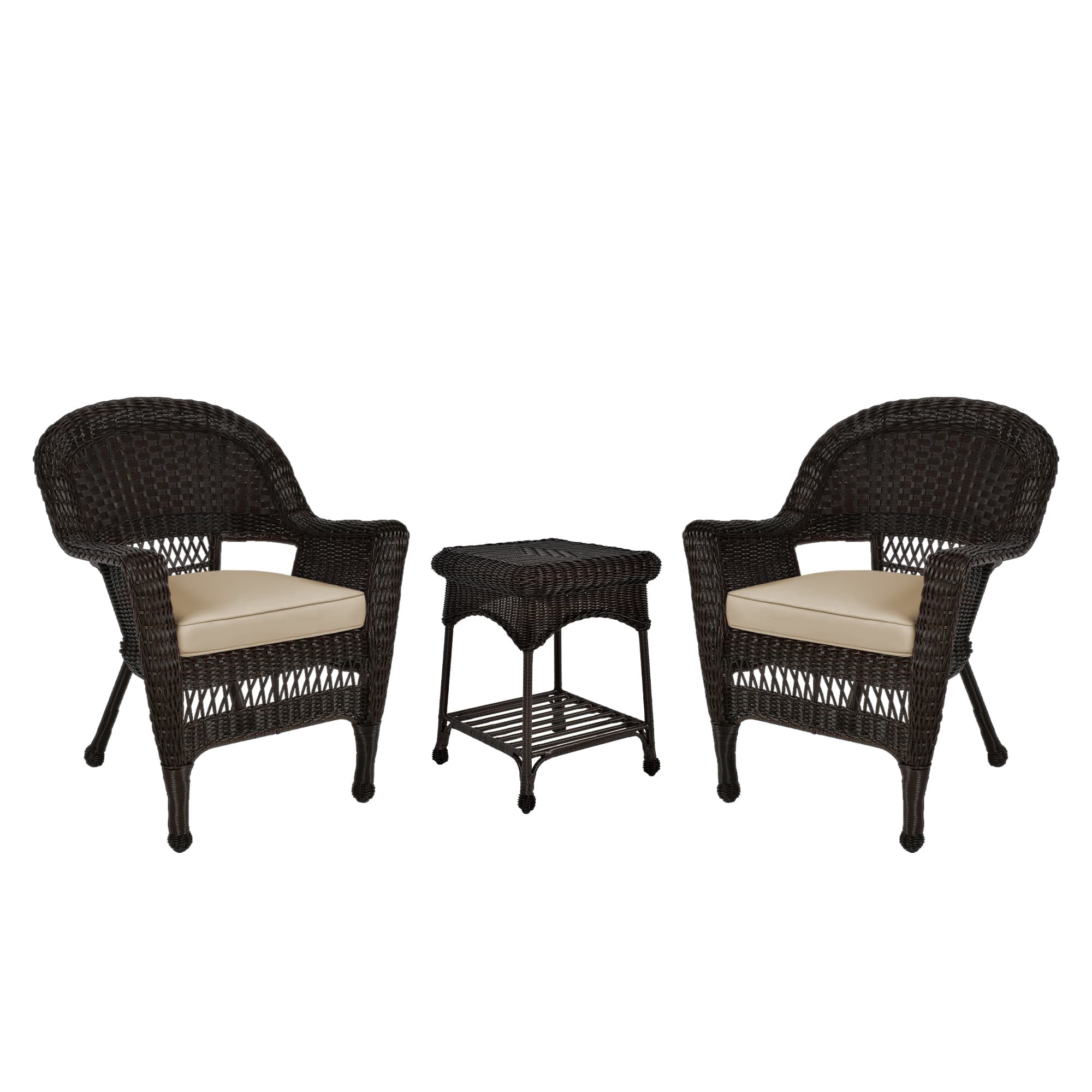 Jeco 3 Piece Wicker Conversation Set in Espresso with Tan Cushions