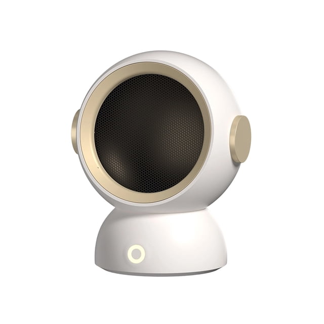 Space Heater Small Compact Desktop Heater for Home and Office Use. This white, plastic heater features a modern spherical design with a black mesh front and gold accents. It measures 21.3x17x14.8cm (8.39×6.69×5.83in) and operates at 1200W with a 110V power supply. Equipped with basic temperature control buttons, it offers fast heating, energy efficiency, and built-in overheating protection. Suitable for small spaces like bedrooms, studies, and offices.