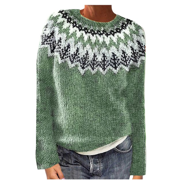 Fartey Chandail Fair Isle pour Femmes Chandail Tricoté Vintage Chandail Décontracté Ample à Manches Longues Col Ras du Cou Chandail à Enfiler Hauts Automne Hiver Chaud Jumper Chandails Vert Armée P-2TG