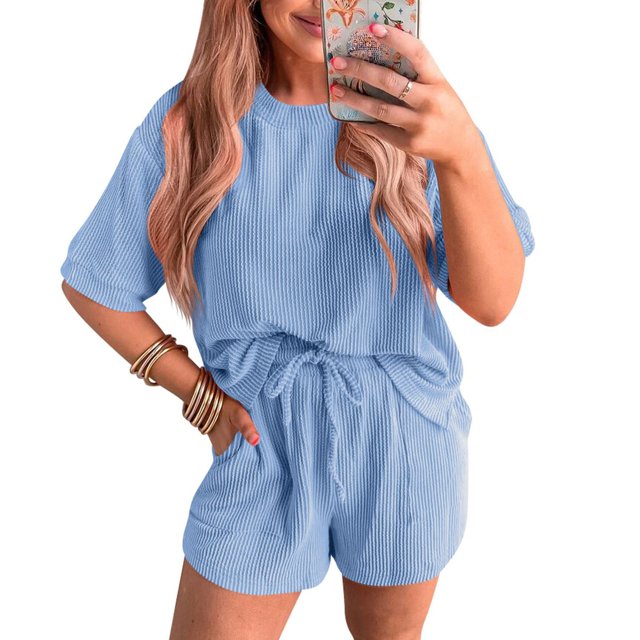 Sales Today Clearance Iumwxz Ribbed Matching Sets with Pockets Plus Size Summer Outfits Solid Round Neck Short Sleeve Drawstring Shorts 2 Piece Sets for Women Valentines Day