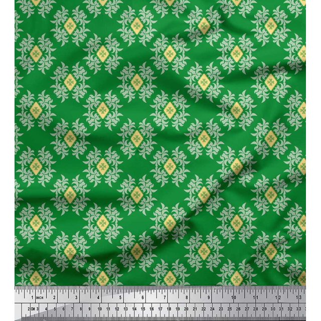 Soimoi Green Poly Georgette Fabric Artistic Flower Damask Print Fabric by the Yard 52 Inch Wide