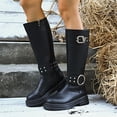 thumbnail image 4 of Fall Mid Calf Combat Boots for Women 2025 Buckles Studded Leather Platform Chunky Cowboy Riding Tall Boots, 4 of 8
