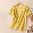 thumbnail image 2 of cfhntfmh Chemises en Lin pour Femmes Coton Mode Manches Courtes T-Shirts Ajourés Décontractés Broderie Col Rond Blouses Hauts, 2 of 3