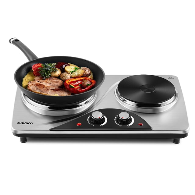 Double Burner, CUSIMAX 1800 Watts Electric Hot Plate for Cooking, Countertop Burner Portable Cast Iron Hot Plates with Dual Adjustable Temperature, E