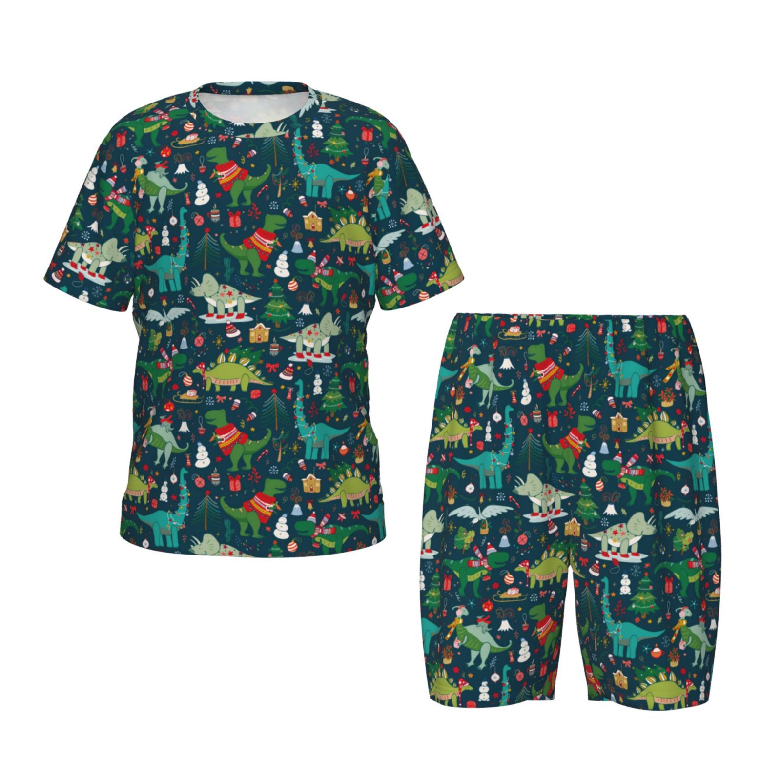Lsque Ensemble de Pyjama Léger 2 Pcs en Coton Ajusté pour Filles avec Motif Coloré de Dinosaure de Noël, Haut à Manches et Shorts - 3TG