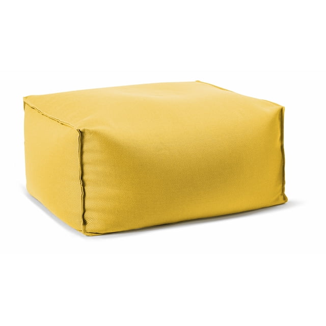 Gouchee Home Chamonix Outdoor/Indoor Yellow Ottoman Pouf with a minimalist cube shape, durable water-repellent olefin fabric, and polystyrene bead filling, shown in a front 3/4 view on white background, suitable as kids' bean bag seating or footrest for patio and living room.