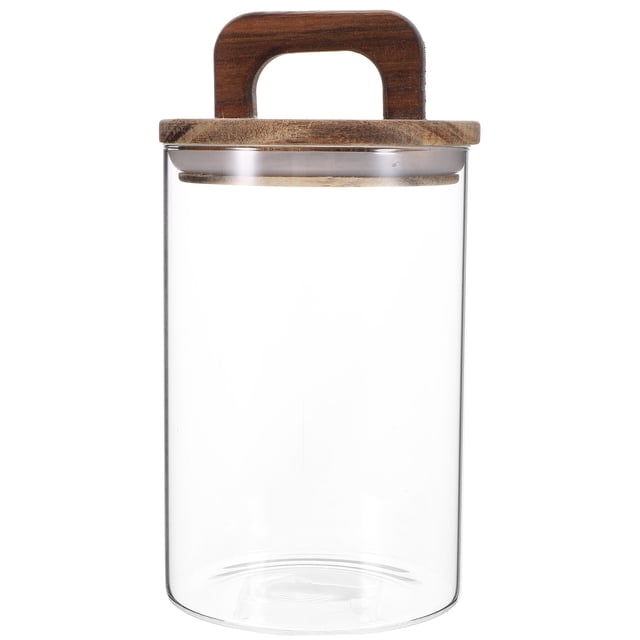 Glass food storage container with a wooden lid and handle, featuring a 1000ml capacity. The clear glass canister has a wide mouth for easy access and cleaning, and the solid wood lid provides a secure seal to keep food fresh. Suitable for storing grains, coffee beans, spices, sugar, and more. Dimensions are 18.80x10.00x10.00cm.
