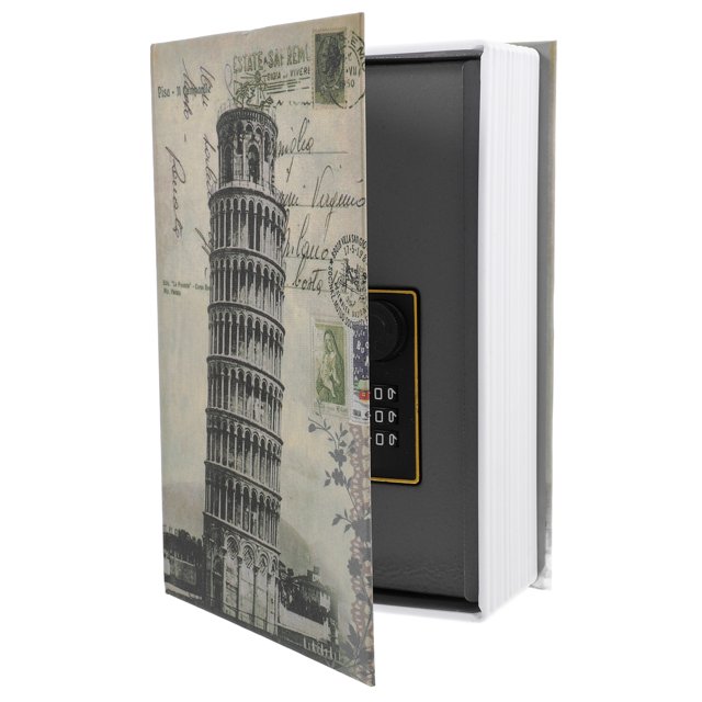 Safe Box Simulation Book Money Safe Box designed as a hidden safe disguised as a decorative book with a Leaning Tower of Pisa cover. Compact at 18.10x11.70x5.50cm, it features a secure lock and password protection for valuables like money, jewelry, or documents. Made of paper and metal, it offers hidden storage and aesthetic appeal.