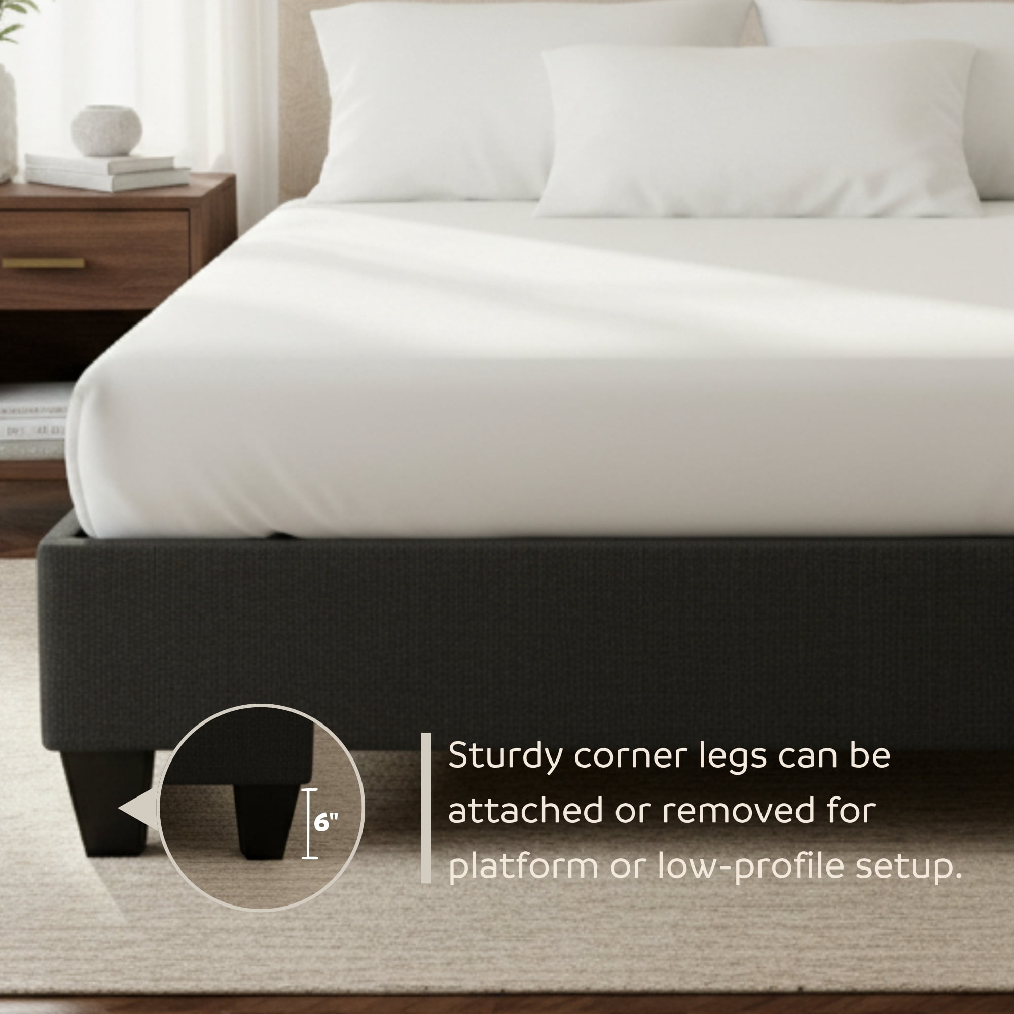 PRIMO Carter Upholstered Platform Bed Frame – Twin Size, Dark Grey Linen Look Fabric, No Box Spring Required, Durable Wood Slats – Bedroom Foundation