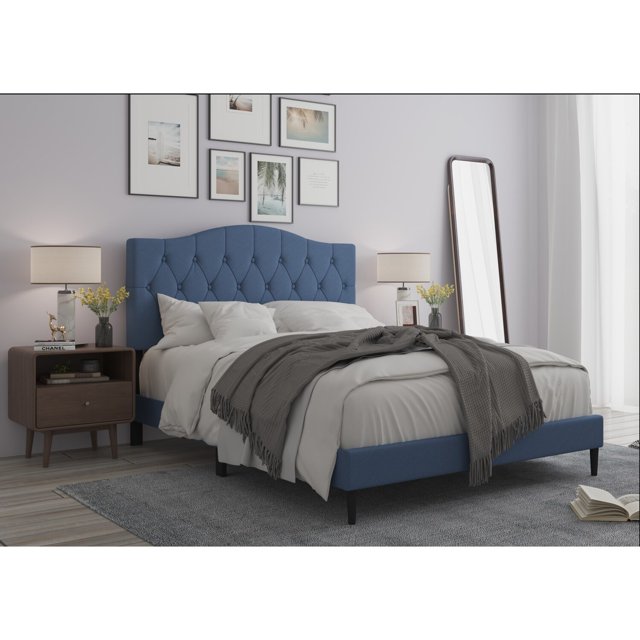 Lit Plateforme Rembourré Capitonné Mason Bleu Denim - Grand Lit