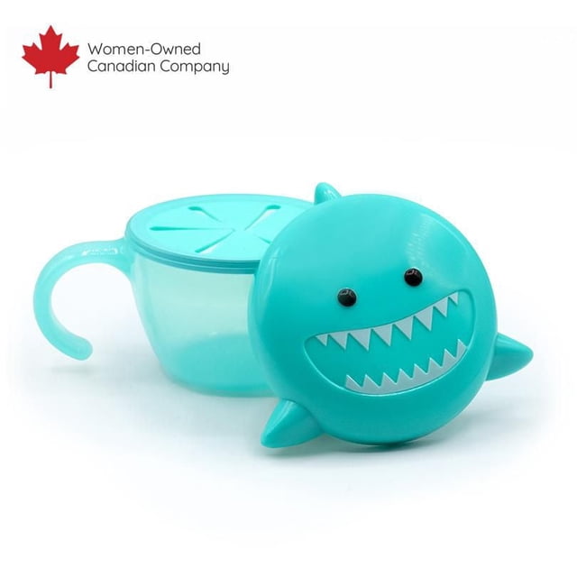 melii Animal Snack Containers with Finger Trap for Toddlers, kids and adults featuring a turquoise shark-shaped snack container with a flexible finger trap lid and a second airtight lid, designed for mess-free snack storage at home or on the go, BPA free and dishwasher safe.