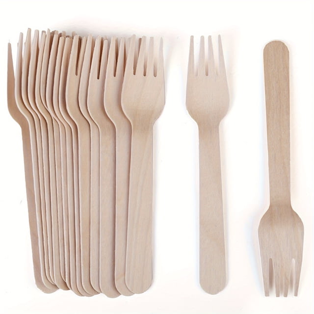 AMERTEER 100Pcs Wooden Disposable Forks, 6.2-inch length, compostable and biodegradable. These eco-friendly forks are ideal for parties, camping, and picnics. The image shows a stack of light wooden forks with a smooth finish, arranged neatly on a white background.
