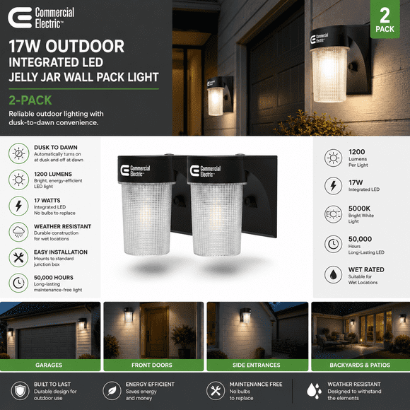 Commercial Electric 17W Outdoor Integrated LED Jelly Jar Wall Pack Light, Black Finish, Dusk-to-Dawn, Weather Resistant, 2-Pack