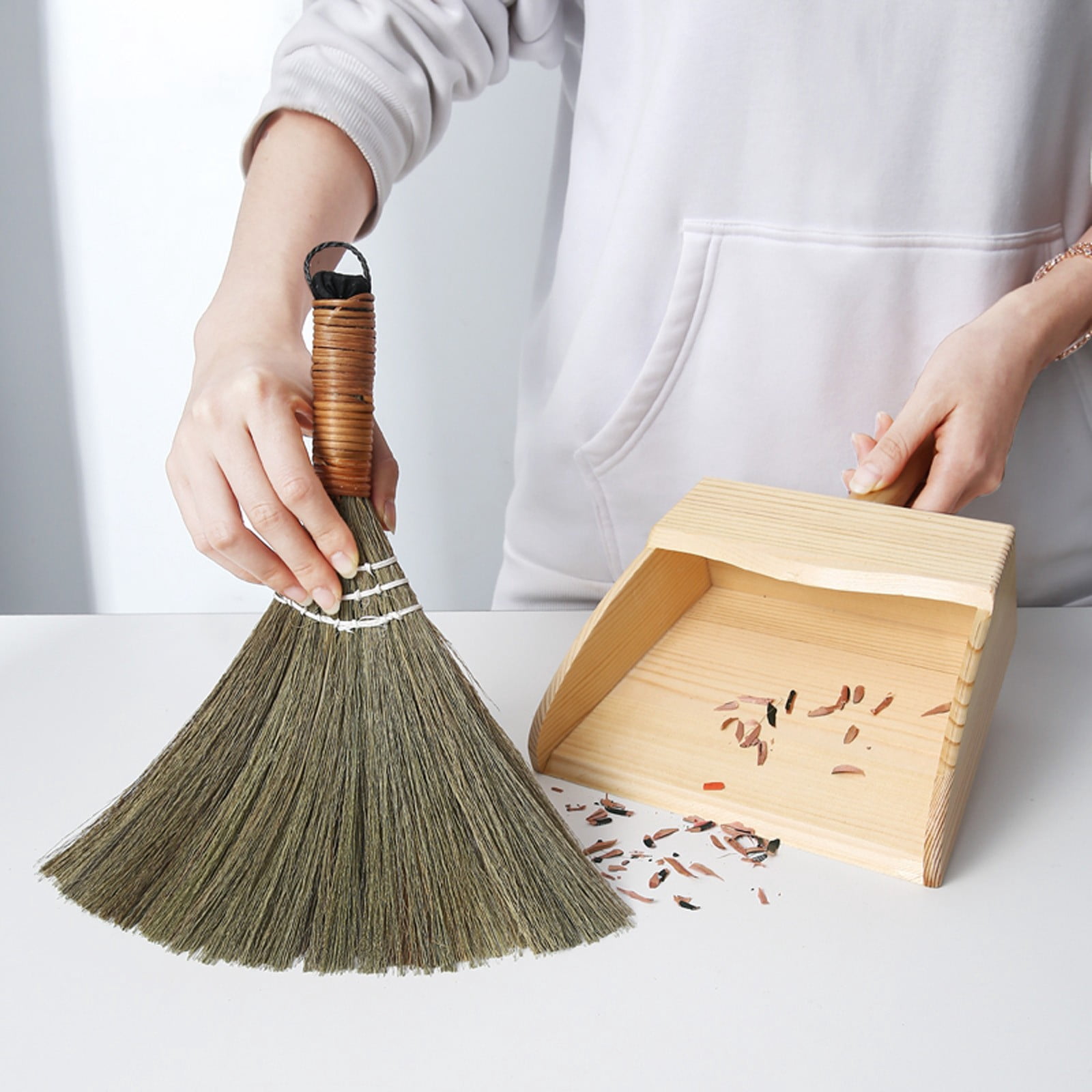 Meitianfacai Mini Bamboo Broom - Handcrafted Natural Fiber Broom for Small Space Cleaning - Compact Dustpan Alternative for Tables Counters and Cars (Brown)