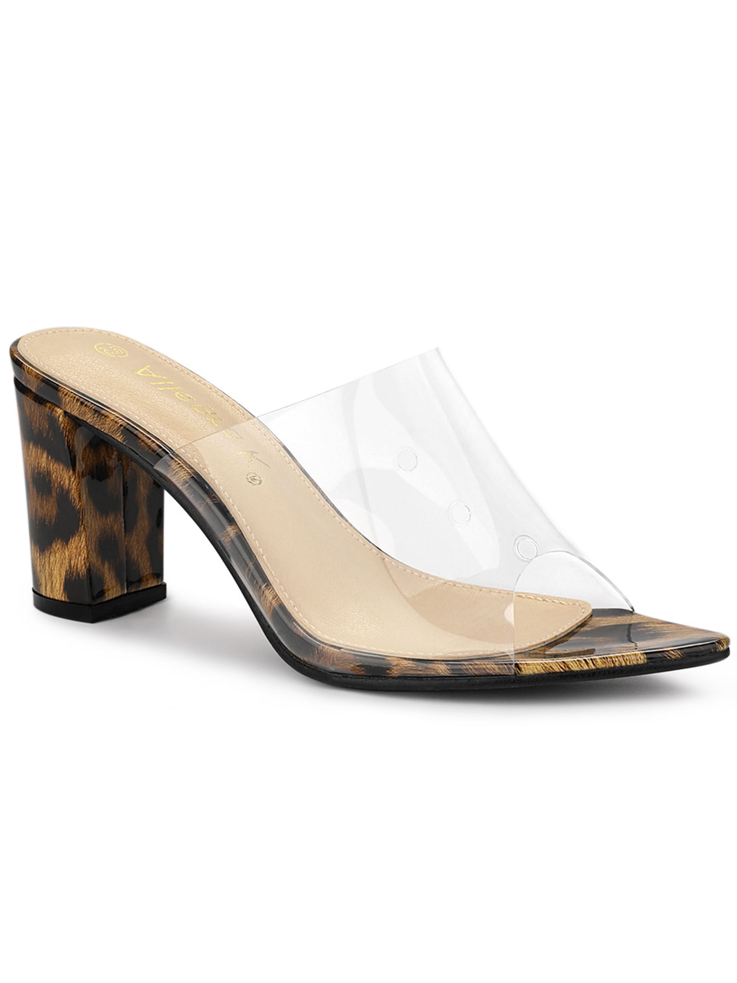 BLISSFUL STEP Mules à Talon Bloc Haut à Bout Pointu Transparent pour Femmes Sandales à Enfiler Léopard 6,5