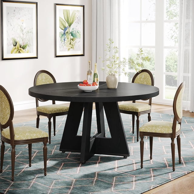 Tribesigns 47-Inch Round Dining Table, Farmhouse Kitchen Table with Cross Base for 4 People, Wooden Tabletop & Black Finish for Dining Room