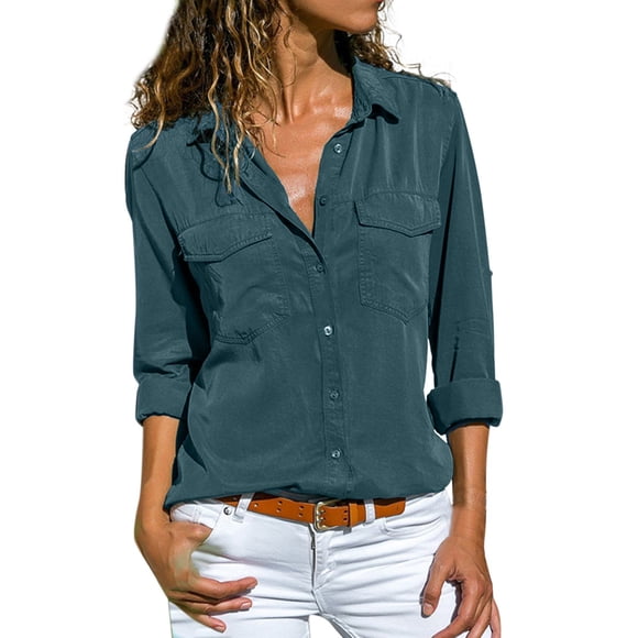 2025 Womens Button Shirts Long Vacation Outfits for Women Sleeve Roll Up Boyfriend Womens Western Shirts Style Lapel V Neck Womens Construction Shirts Casual Work