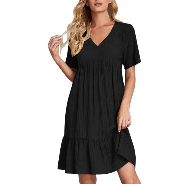 Soldes du Printemps 2024!Hontri Robes pour Femmes Robe d'Été Robes en Lin pour Femmes Robe T-Shirt Décontractée Manches Courtes Col en V Robe Midi Ligne A Noir,G
