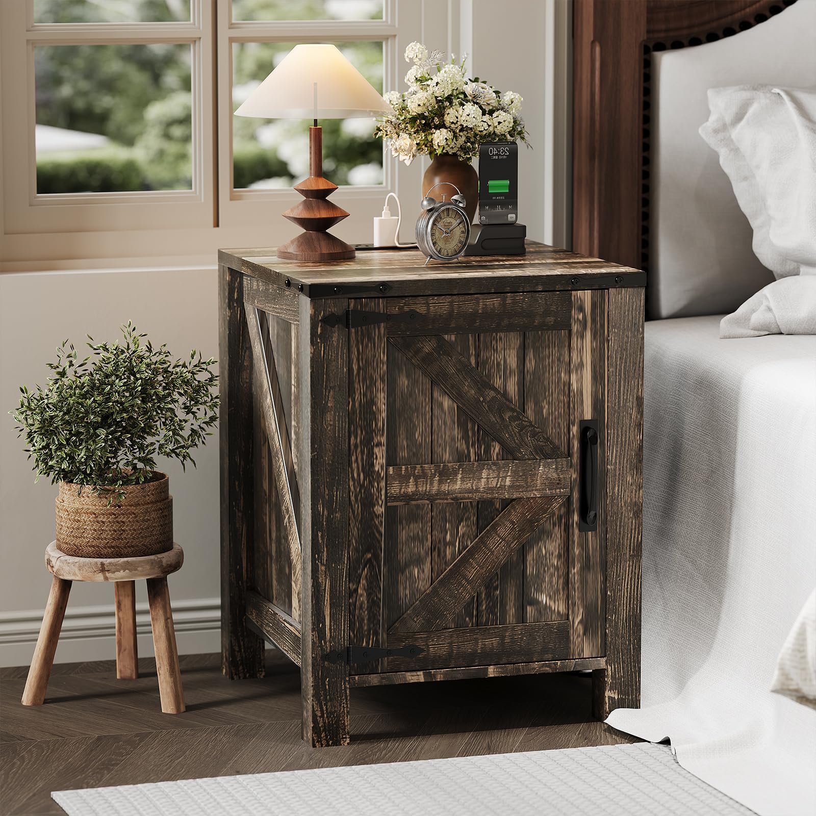 Dark Brown Farmhouse 18 Inch Charging Station Nightstand, Barn Door Adjustable Inner Shelf Two-Tier Small Bedside End Table Single Unit Bedroom