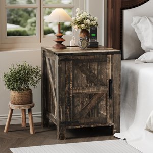 Dark Brown Farmhouse 18 Inch Charging Station Nightstand, Barn Door Adjustable Inner Shelf Two-Tier Small Bedside End Table Single Unit Bedroom