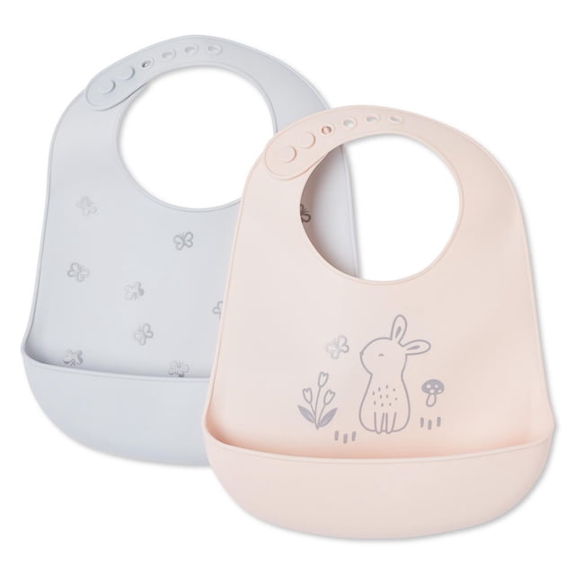 George infants' gender inclusive silicone bib 2-pack with two water-resistant, BPA-free silicone bibs in pastel grey featuring butterfly prints and light peach with a bunny and floral design, each with an adjustable neck closure and crumb-catcher pocket for feeding.