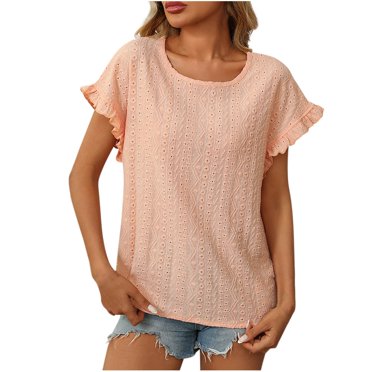 Kaemgyyd Hauts d'Été Décontractés pour Femmes T-Shirt à Manches Courtes à Volants Ample Couleur Unie Col Rond Basique Tunique Ajourée