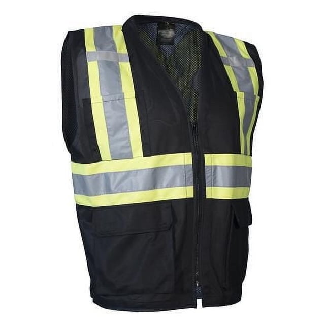 Forcefield Men's Safety Vest with Zipper Front in black featuring high-visibility yellow and reflective silver stripes on shoulders and waist, padded collar for comfort, mesh back for breathability, front zipper closure, two upper patch pockets, two lower cargo pockets, and radio clip tabs, compliant with CSA and ANSI safety standards.