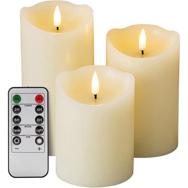 Jinsinto Real Wick Wax Flameless Candle with Remote Control 3 Piece Set, Electric LED Pillar Candle Battery Powered Ivory Timer Dummy Candle, 3" Diameter 4 5 6" High