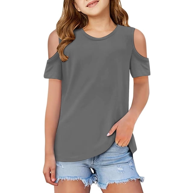 PMVFHDE Kids Solid Color Summer Short Sleeve Round Neck T-Shirt - Lightweight Breathable Soft Top Grey,3-4 Years