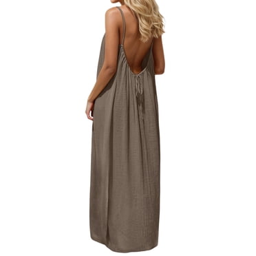 longantii Robes Caracos Dos Nu pour Femmes Robe Caraco de Détente Dos Nu Couleur Unie Sans Manches Robe de Maison Longue Robe d'Été Longue avec Lien au Dos Brun TG
