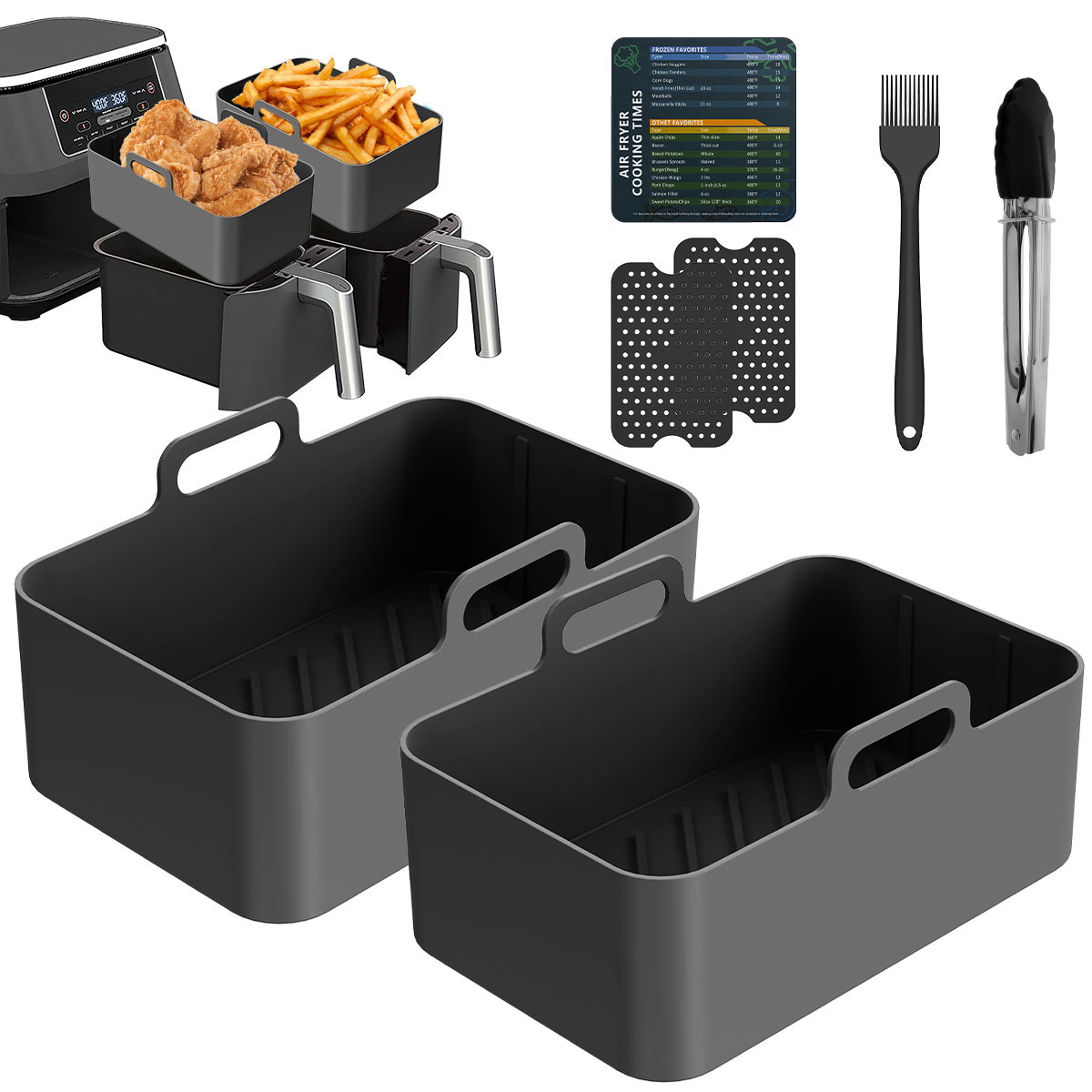 Ikoopy 2Pcs Air Fryer Silicone Pot with Handle Reusable Air Fryer Liner Heat Resistant Air Fryer Silicone Basket Non-Stick Rectangle