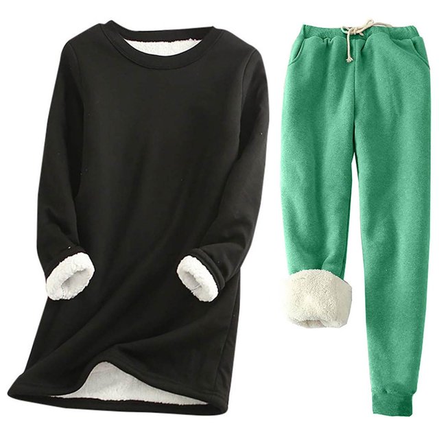Pisexur Ensembles 2 Pcs pour Femmes Ensembles de Pyjama en Molleton Chaud pour Femmes 2 Pcs Chandail à Col Rond Pantalon de Pyjama Ample Vêtements de Détente Décontractés Tenues d'Hiver Surdimensionnées Grande Taille P-5TG