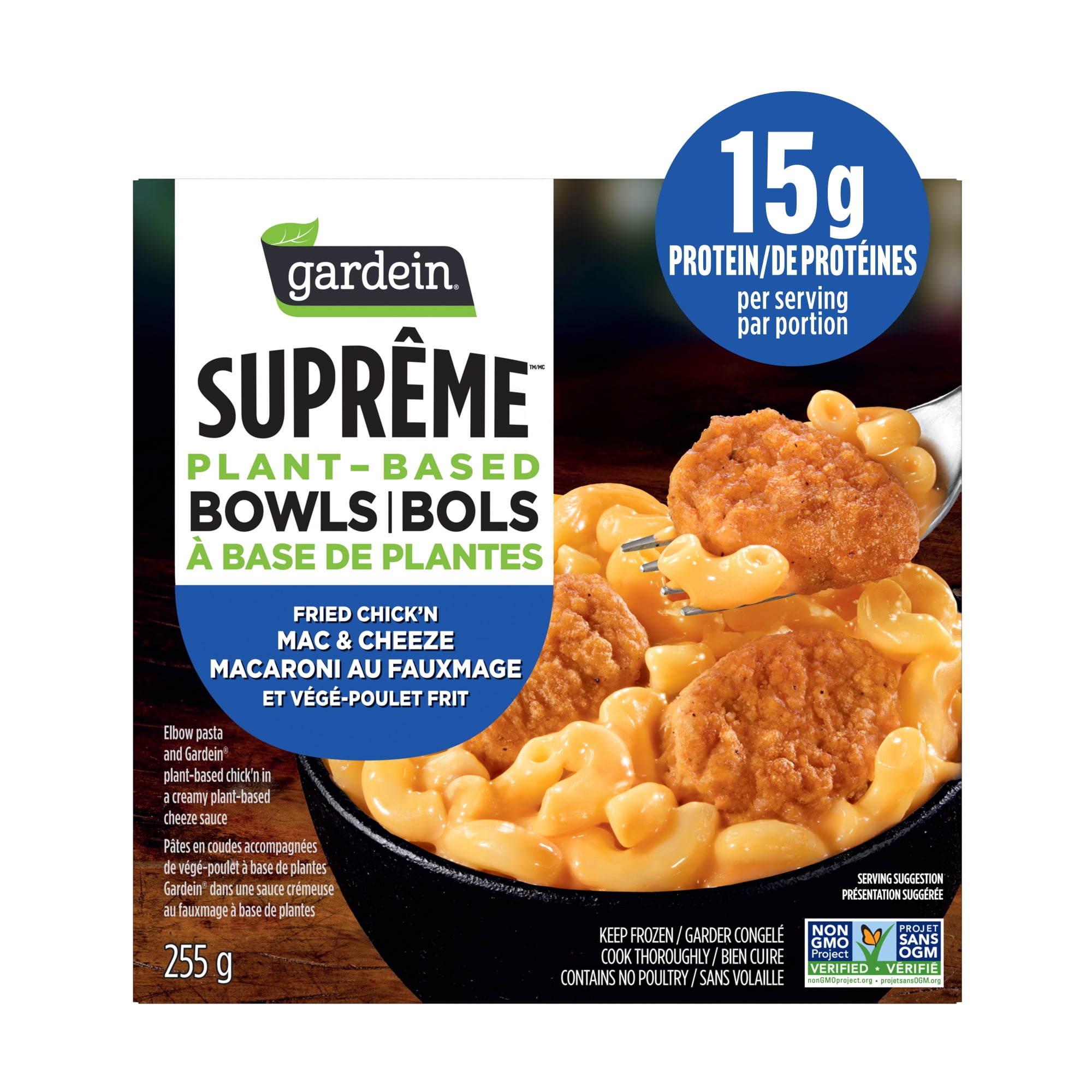 Gardein Suprême Fried Chick’n Mac & Cheeze Frozen Dinner Bowl, Elbow Pasta and Plant-Based Chicken in a Creamy Plant-Based Sauce, 16g of Protein, Frozen Meal, 255g