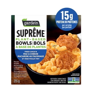 Gardein Suprême Fried Chick’n Mac & Cheeze Frozen Dinner Bowl, Elbow Pasta and Plant-Based Chicken in a Creamy Plant-Based Sauce, 16g of Protein, Frozen Meal, 255g