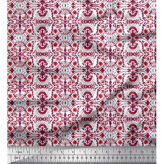 Soimoi Polyester Crepe Fabric Damask Ethnic Printed Fabric 1 Yard 42 Inch Wide