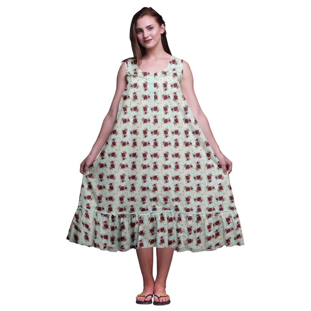 Bimba Menthe Pastel10 Feuilles Florales et Roses Imprimées Chemises de Nuit en Coton pour Femmes Robe Sans Manches Tenue de Nuit Robe Maxi X-Small