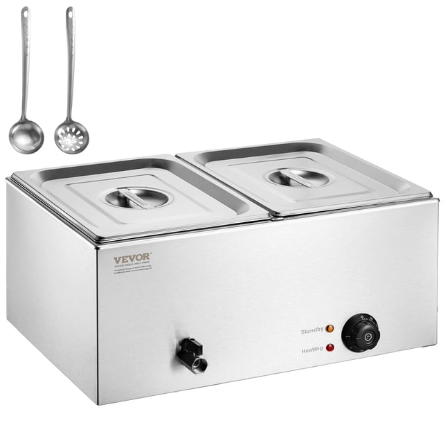 VEVOR Commercial Electric Food Warmer with 2 stainless steel pans and lids, featuring a countertop design and 18QT capacity. Includes adjustable temperature control, dry-burn protection system, and a faucet for easy water drainage. Ideal for buffet tables, catering setups, and outdoor events. Comes with a soup ladle and slotted spoon.