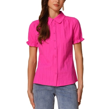 INSPIRE CHIC Women's Vintage Tops Peter Pan Collar Button Down Cotton Blouses Fuchsia XS