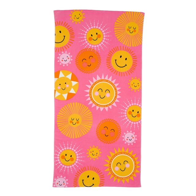 Mainstays Kids Serviette de Plage pour Enfants, Happy Sunshine, 1 Pce, 60 Pouces x 30 Pouces avec un Fond Rose et des Visages Souriants Multicolores en Jaune, orange et Blanc. Fabriquée en Coton Doux et Absorbant 100 % avec Ourlets Renforcés et une Boucle de Suspension, Convient pour la Plage, la Piscine, le Parc Ou comme Pique-Nique.