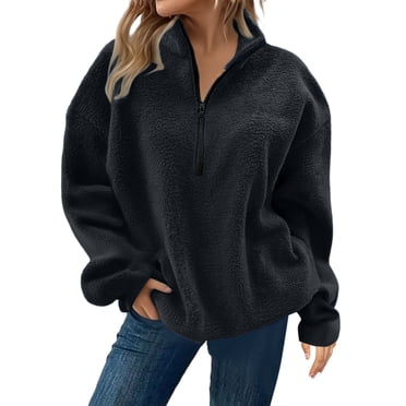 Fleece Zip Up, Comdrip Womens Half Zip Fleece Pullover Soft Oversized Sweatshirt with Pockets Warm Fuzzy Sweater Quarter Zip Pullover Women Black 2XL