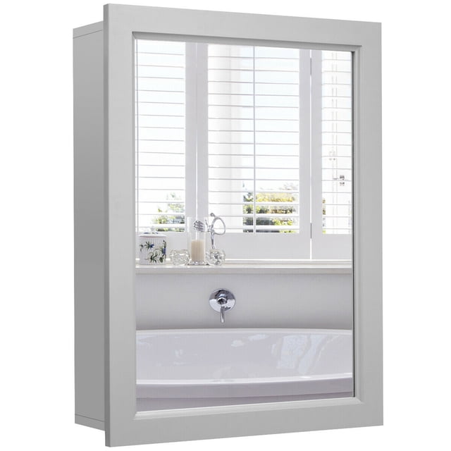 Gymax Armoire à Pharmacie Murale Miroir avec Tablette Ajustable en Gris. l'Armoire Présente un design Rectangulaire avec une avant Miroir et un Cadre en MDF Gris. Elle Comprend une Tablette Intérieure Ajustable pour un Rangement flexible des Essentiels de Salle de Bain. l'Armoire Est Murale, Économise de l'Espace au Sol, et Convient aux Salles de Bain, aux foyers Ou à d'Autres Pièces. les Dimensions Sont de 20 Pouces de Large, 6 Pouces de Profondeur et 26 Pouces de Hauteur. le Miroir Mesure 16 Pouces par 22 Pouces.