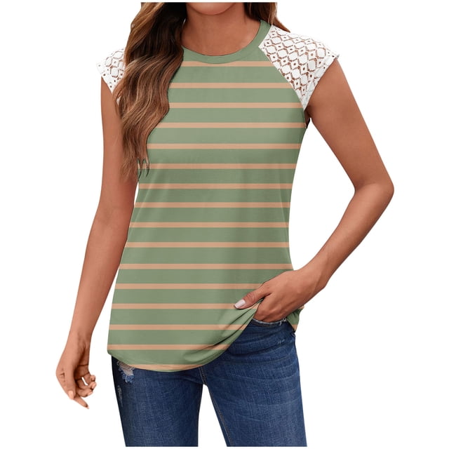 fatyb Camisoles Rayées pour Femmes en Dentelle Sans Manches T-Shirts Col Rond Tunique Décontractée Ample Blouses d'Été