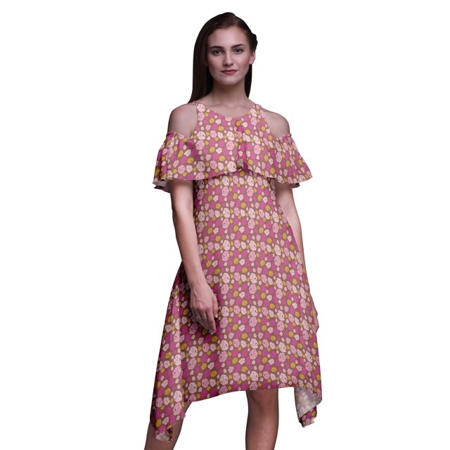 Bimba Brown Leaves Print Flutter Sleeve Womens Party Tunic Cold Shoulder Midi Dress - Small