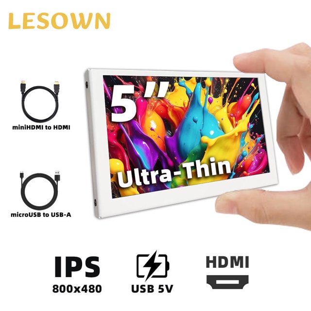 LESOWN Moniteur Auxiliaire Blanc 5 Pouces HDMI IPS 800x480 Écran LCD mini pour Raspberry Pi TV Box Ordinateur PC