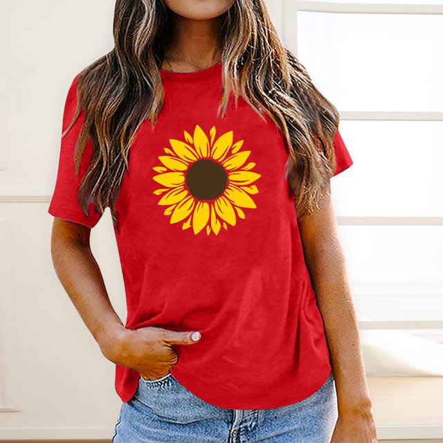 EGNMCR T-Shirts pour Femmes Mode pour Femmes Col Rond Manches Courtes Hauts à Imprimé de Tournesol de Pâques