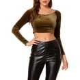 thumbnail image 1 of INSPIRE CHIC Women's Velvet Long Sleeve Off Shoulder Solid Crop Tops L Brown, 1 of 7