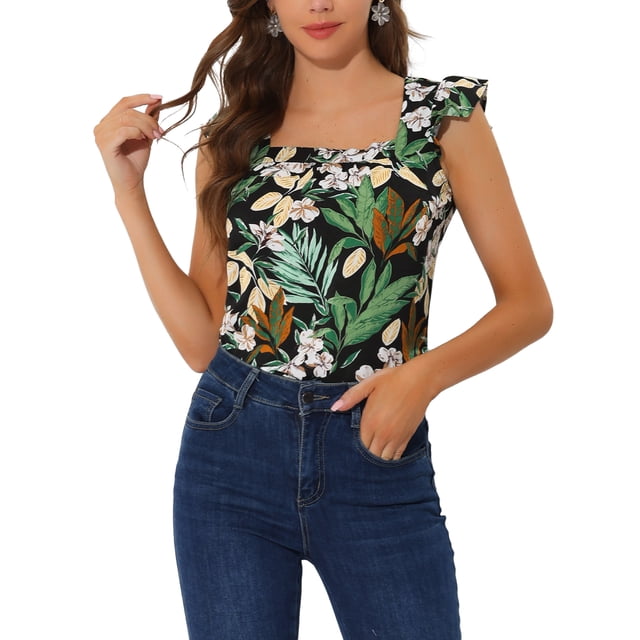 INSPIRE CHIC Women's Tropical Printed Square Neck Ruffle Tank Top XS Black
