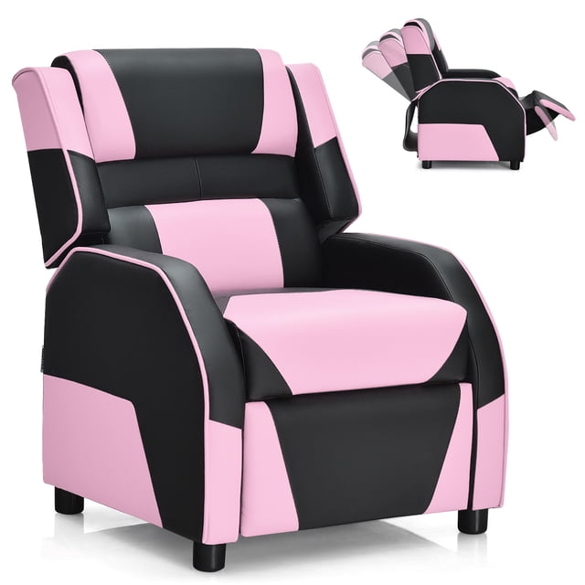 Costway Fauteuil Inclinable de Jeu pour Enfants et Jeunes avec Appuie-Tête et Repose-Pieds en Cuir PU Rose