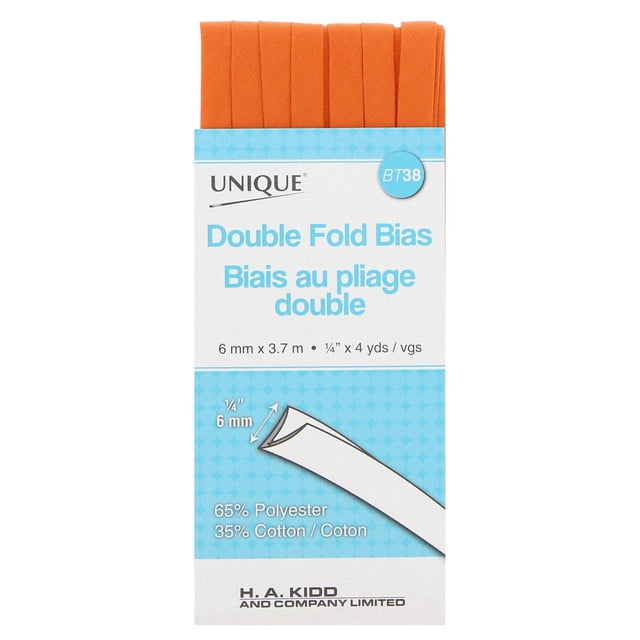 UNIQUE Double Pli Bias Tape, 6 mm x 3,7 m, Garniture de Couture Polyester-Coton orange Vif Pliée Soigneusement avec une Étiquette Bleue et Blanche Indiquant le Mélange de Tissu et les dimensions, Convient pour Finir les Bords et les Projets de Couture.