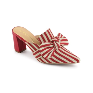BLISSFUL STEP Mules à Talon Bloc pour Femmes à Rayures avec Nœud, Bout Pointu, Rouges, 10